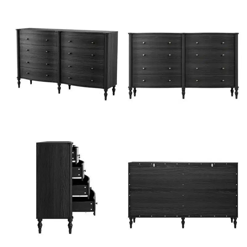 Curved-Front Vintage Dresser with 8 Drawers - Black/Light Oak, Bronze Knobs, MDF