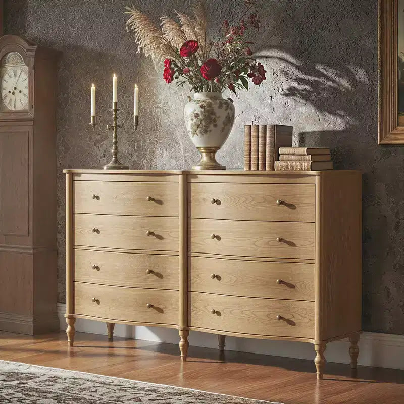 Curved-Front Vintage Dresser with 8 Drawers - Black/Light Oak, Bronze Knobs, MDF