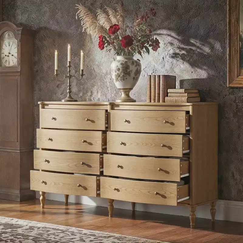 Curved-Front Vintage Dresser with 8 Drawers - Black/Light Oak, Bronze Knobs, MDF