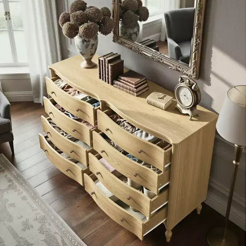 Curved-Front Vintage Dresser with 8 Drawers - Black/Light Oak, Bronze Knobs, MDF