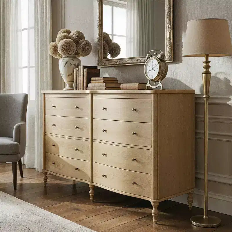Curved-Front Vintage Dresser with 8 Drawers - Black/Light Oak, Bronze Knobs, MDF