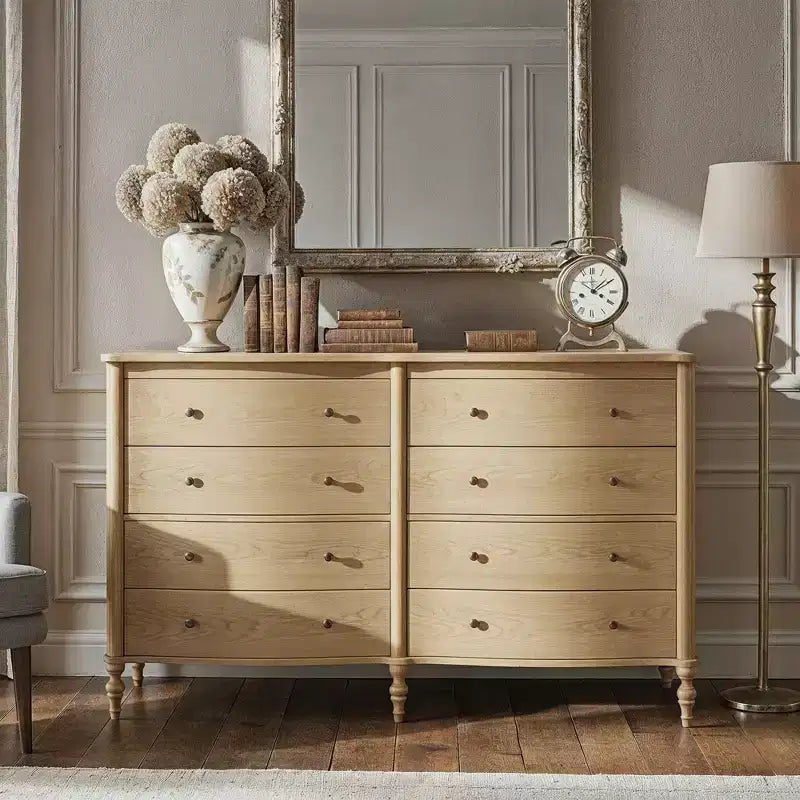 Curved-Front Vintage Dresser with 8 Drawers - Black/Light Oak, Bronze Knobs, MDF