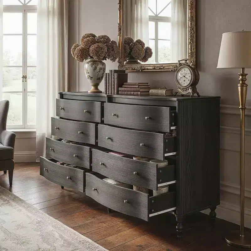 Curved-Front Vintage Dresser with 8 Drawers - Black/Light Oak, Bronze Knobs, MDF