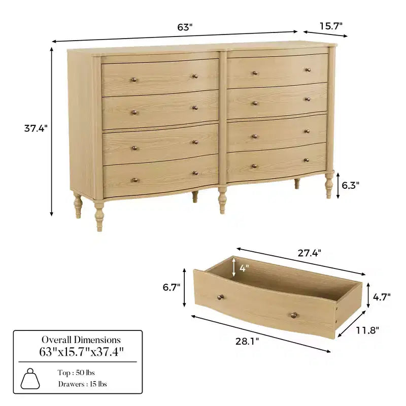 Curved-Front Vintage Dresser with 8 Drawers - Black/Light Oak, Bronze Knobs, MDF