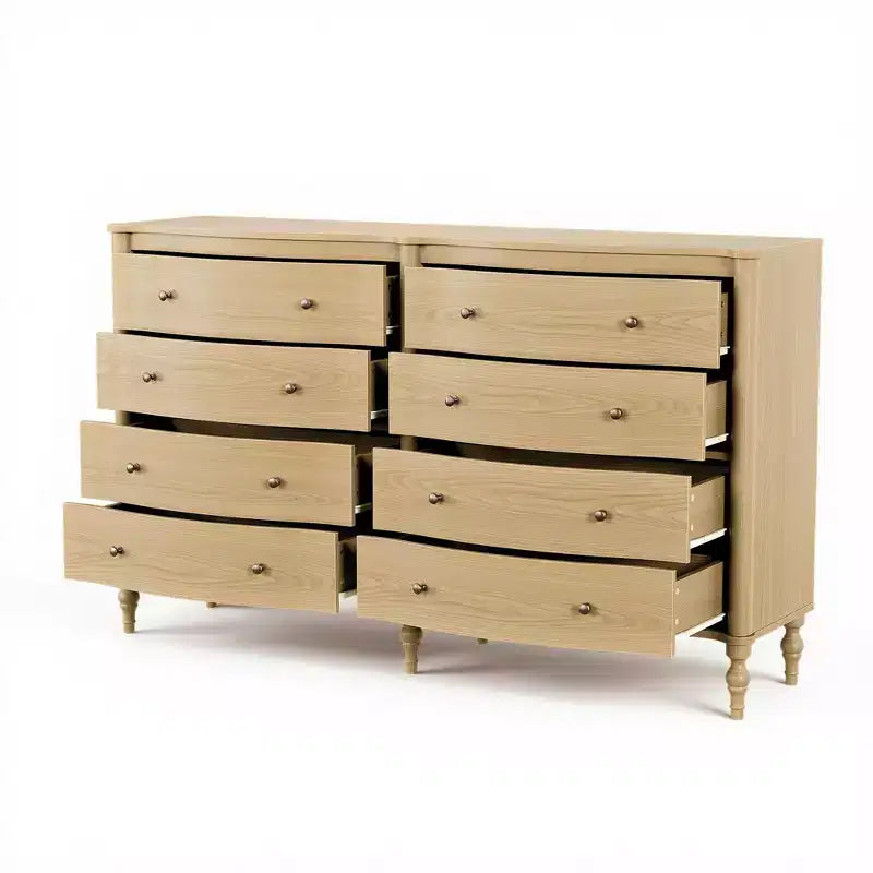 Curved-Front Vintage Dresser with 8 Drawers - Black/Light Oak, Bronze Knobs, MDF