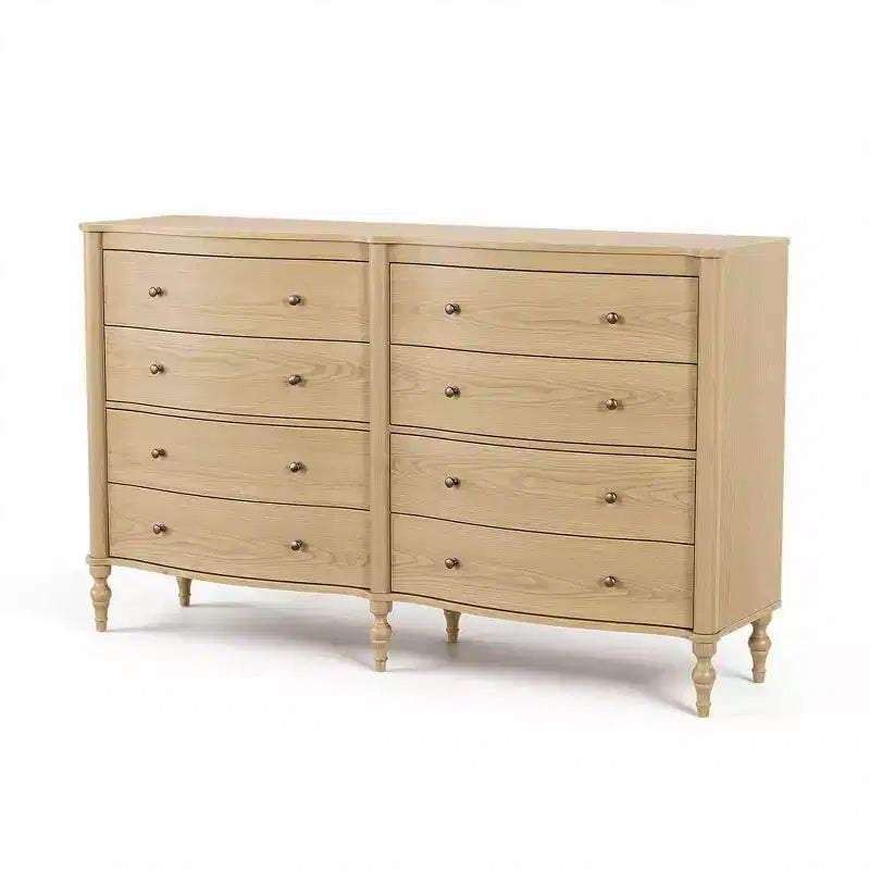 Curved-Front Vintage Dresser with 8 Drawers - Black/Light Oak, Bronze Knobs, MDF