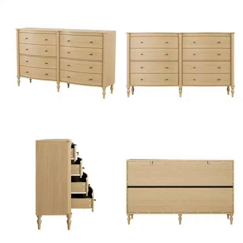 Curved-Front Vintage Dresser with 8 Drawers - Black/Light Oak, Bronze Knobs, MDF