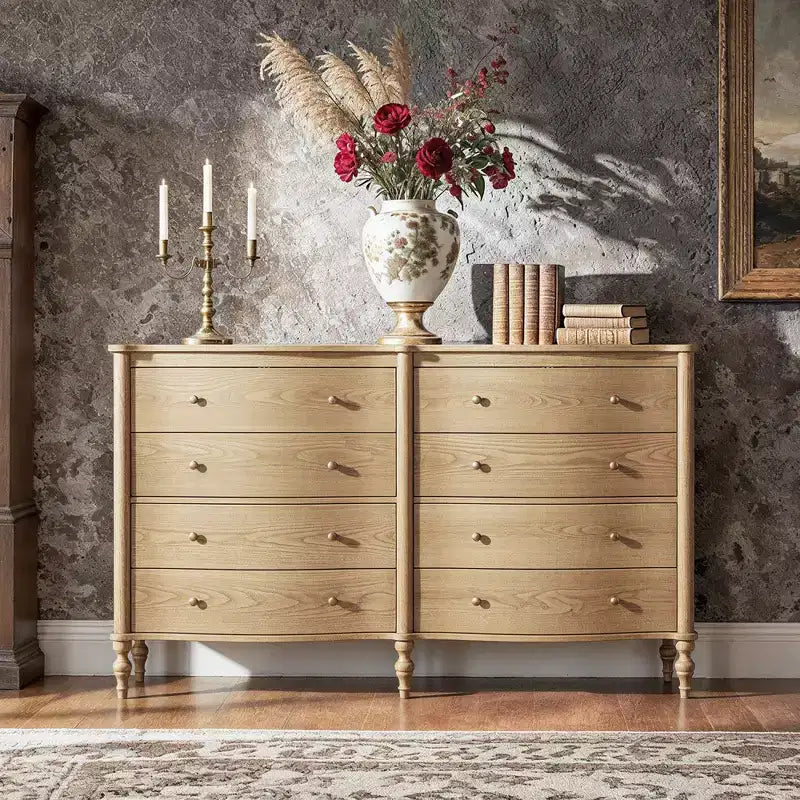 Curved-Front Vintage Dresser with 8 Drawers - Black/Light Oak, Bronze Knobs, MDF