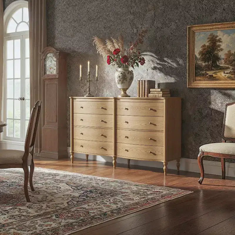 Curved-Front Vintage Dresser with 8 Drawers - Black/Light Oak, Bronze Knobs, MDF