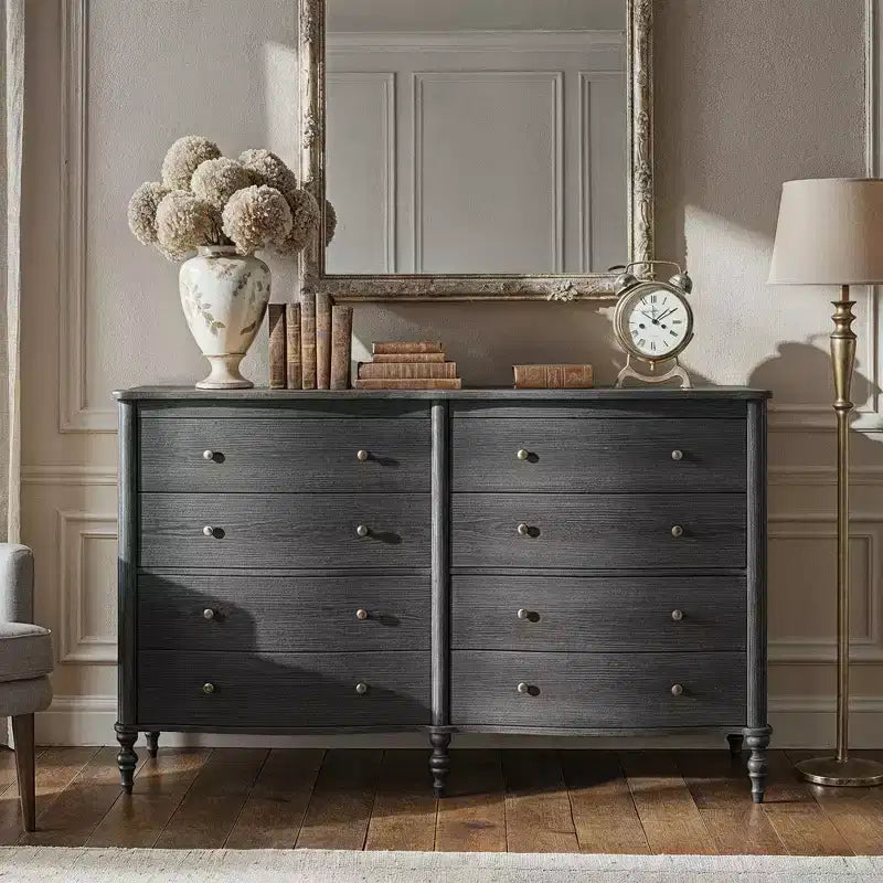 Curved-Front Vintage Dresser with 8 Drawers - Black/Light Oak, Bronze Knobs, MDF