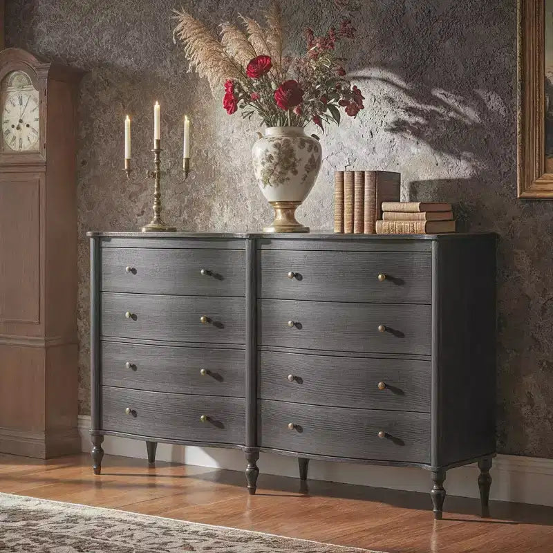 Curved-Front Vintage Dresser with 8 Drawers - Black/Light Oak, Bronze Knobs, MDF