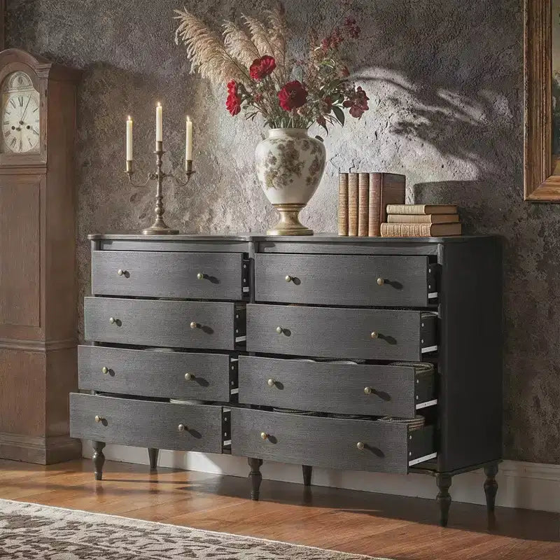 Curved-Front Vintage Dresser with 8 Drawers - Black/Light Oak, Bronze Knobs, MDF