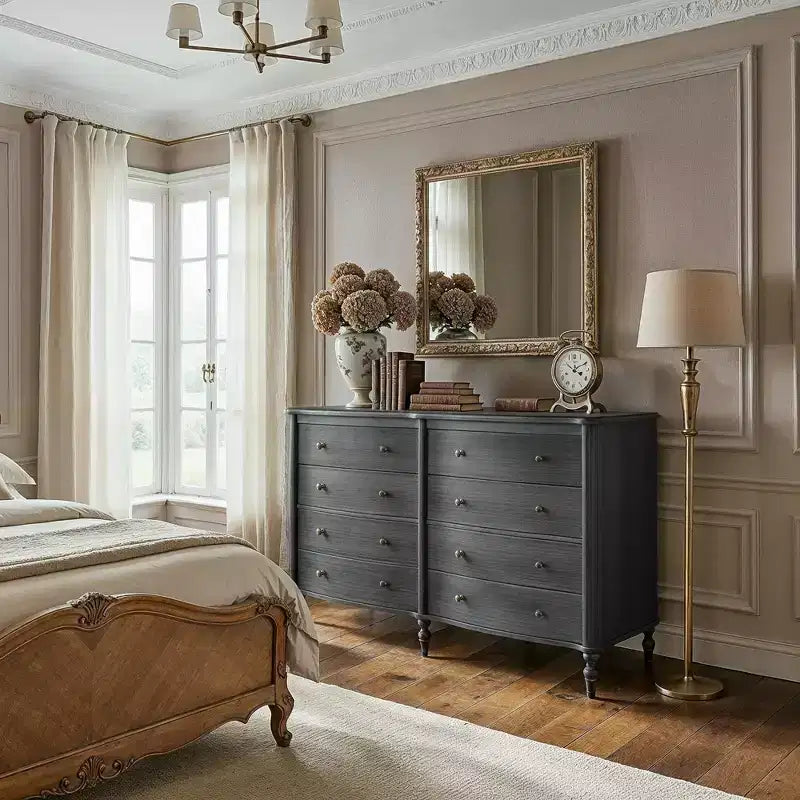 Curved-Front Vintage Dresser with 8 Drawers - Black/Light Oak, Bronze Knobs, MDF