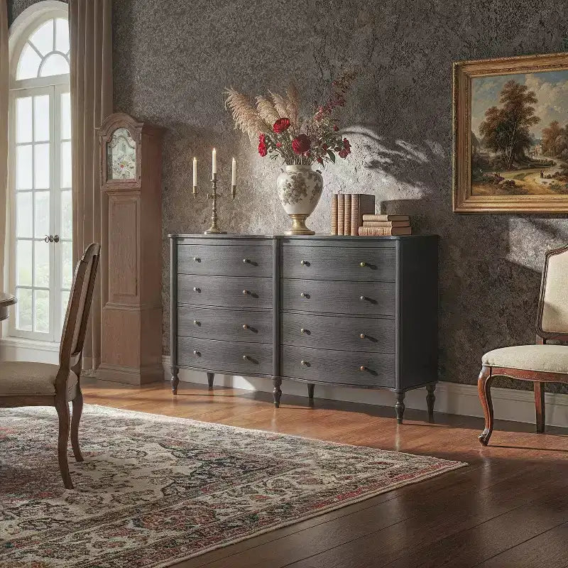 Curved-Front Vintage Dresser with 8 Drawers - Black/Light Oak, Bronze Knobs, MDF