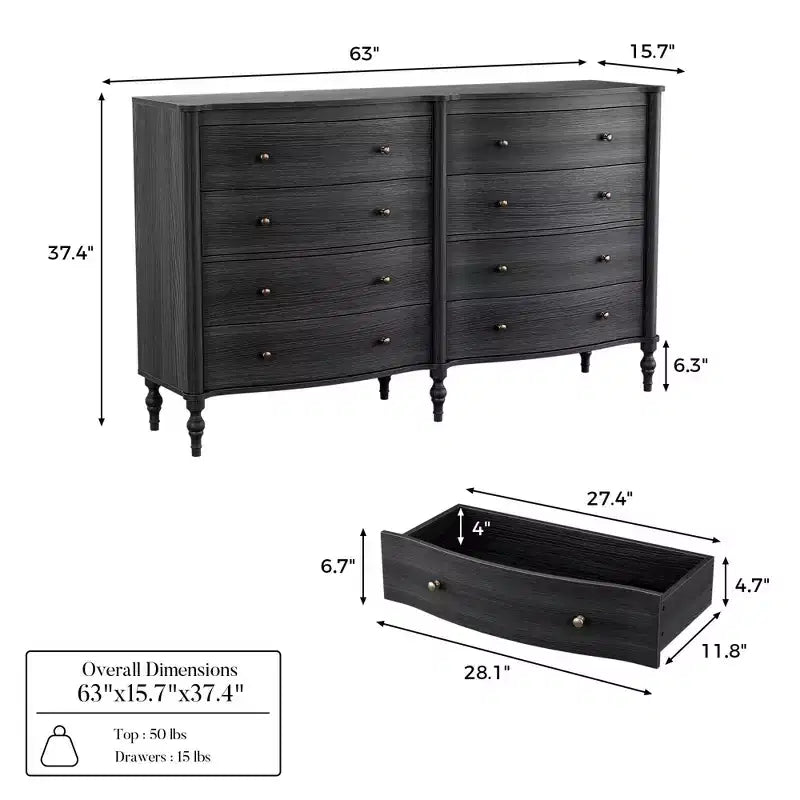 Curved-Front Vintage Dresser with 8 Drawers - Black/Light Oak, Bronze Knobs, MDF