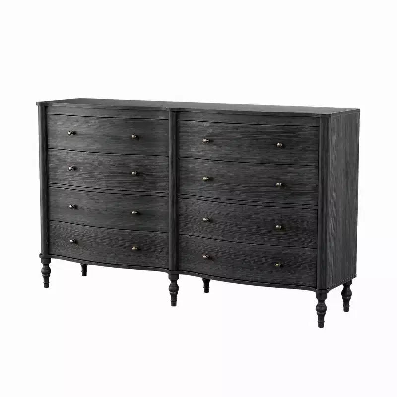 Curved-Front Vintage Dresser with 8 Drawers - Black/Light Oak, Bronze Knobs, MDF