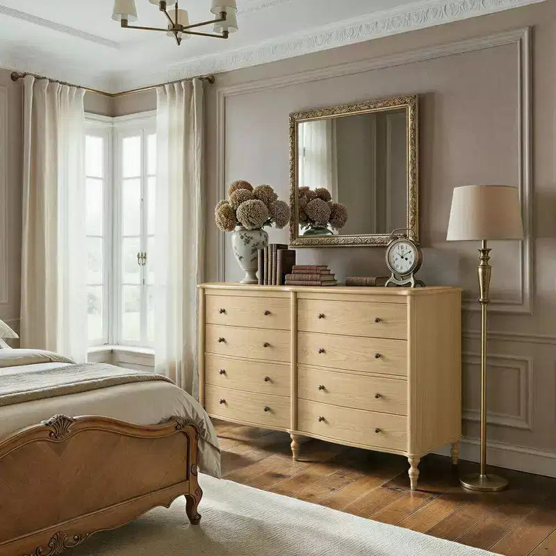 Curved-Front Vintage Dresser with 8 Drawers - Black/Light Oak, Bronze Knobs, MDF