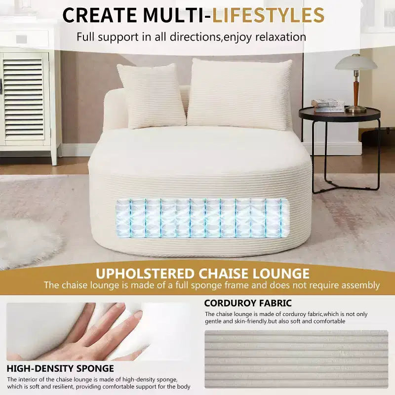Oversized Corduroy Upholstered Chaise Lounge Chair with 46 Wide Seat, Comfy Sleeper Sofa with Pillows for Living Room or Bedroom-Panipeachy