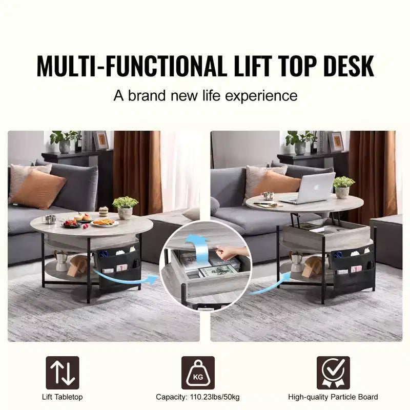 35.3" Round Lift Top Coffee Table with Storage Pockets - Dark Gray