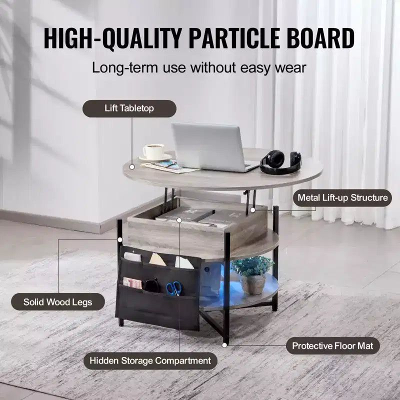 35.3" Round Lift Top Coffee Table with Storage Pockets - Dark Gray