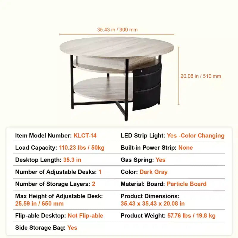35.3" Round Lift Top Coffee Table with Storage Pockets - Dark Gray