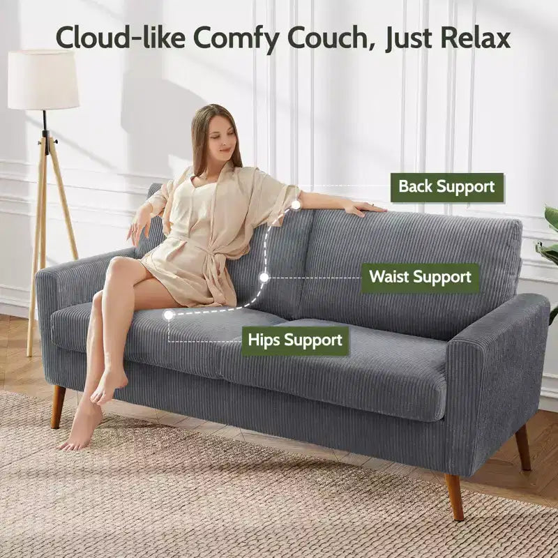 Mid-Century Modern Loveseat 68 Inch - 24" Deep Cloud Seat, Solid Wood Frame, 800 lb Capacity