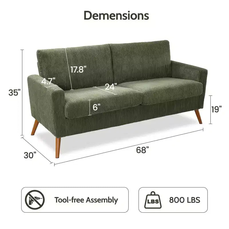 Mid-Century Modern Loveseat 68 Inch - 24" Deep Cloud Seat, Solid Wood Frame, 800 lb Capacity