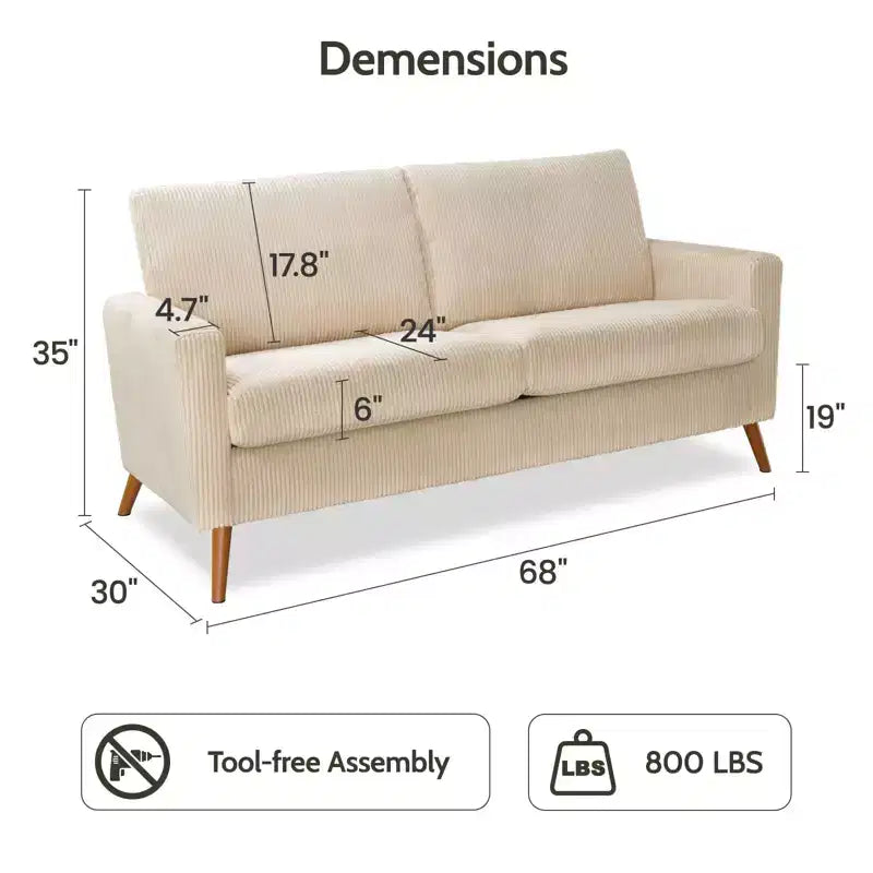 Mid-Century Modern Loveseat 68 Inch - 24" Deep Cloud Seat, Solid Wood Frame, 800 lb Capacity