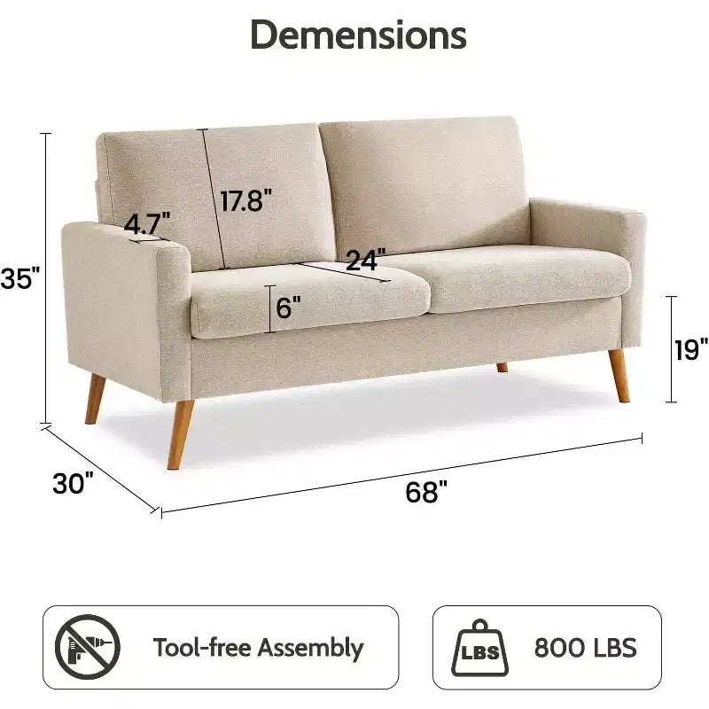 Mid-Century Modern Loveseat 68 Inch - 24" Deep Cloud Seat, Solid Wood Frame, 800 lb Capacity
