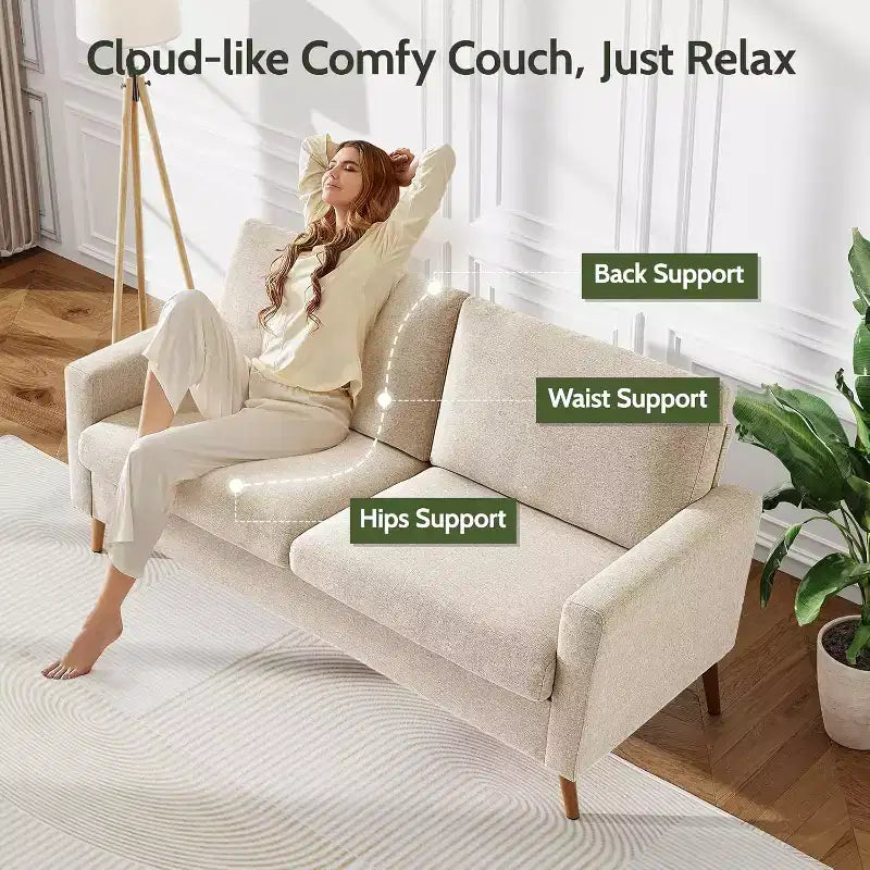Mid-Century Modern Loveseat 68 Inch - 24" Deep Cloud Seat, Solid Wood Frame, 800 lb Capacity
