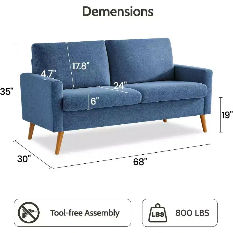 Mid-Century Modern Loveseat 68 Inch - 24" Deep Cloud Seat, Solid Wood Frame, 800 lb Capacity