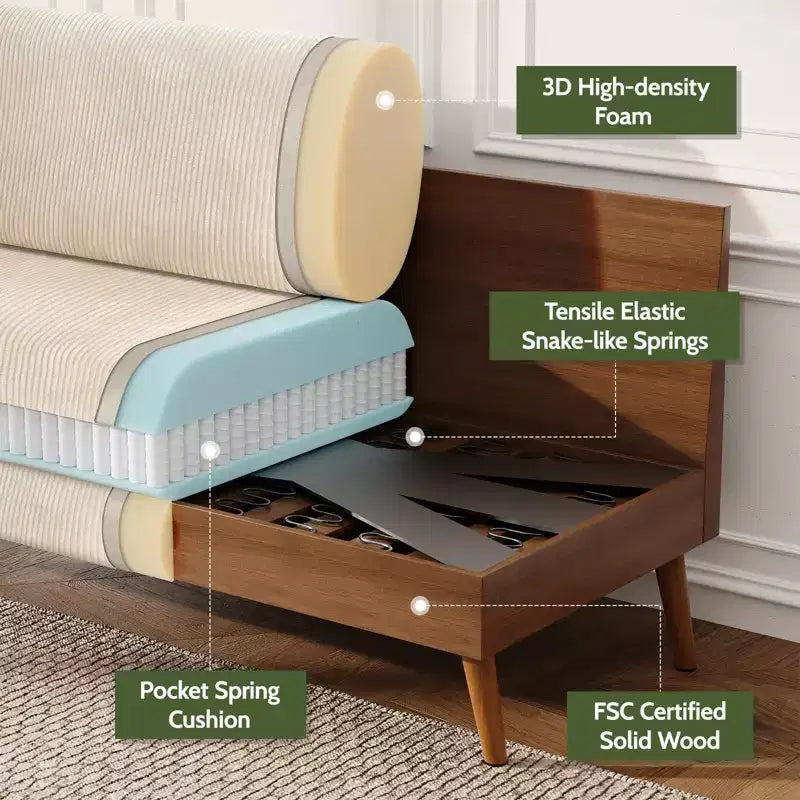 Mid-Century Modern Loveseat 68 Inch - 24" Deep Cloud Seat, Solid Wood Frame, 800 lb Capacity