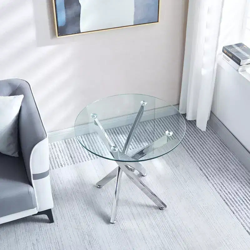 23.6 Inch Round Tempered Glass End Table - Chrome Legs, 4-Point Base, Modern Accent