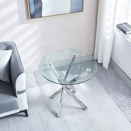 23.6 Inch Round Tempered Glass End Table - Chrome Legs, 4-Point Base, Modern Accent