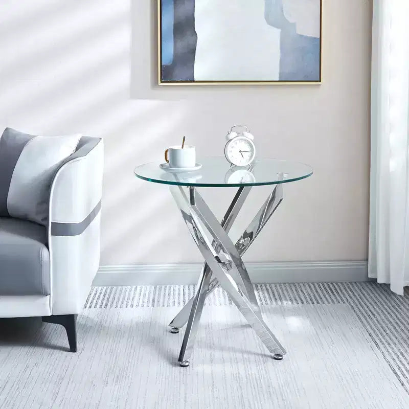 23.6 Inch Round Tempered Glass End Table - Chrome Legs, 4-Point Base, Modern Accent