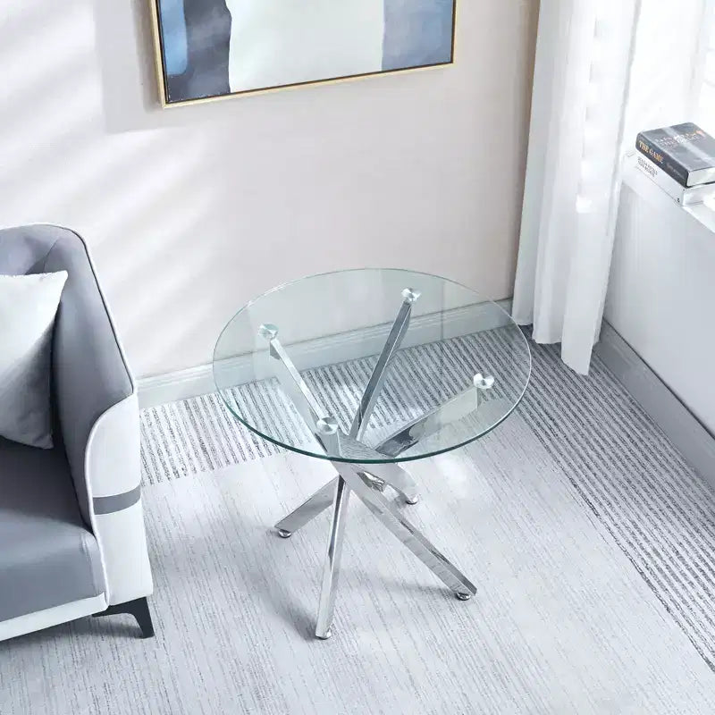 23.6 Inch Round Tempered Glass End Table - Chrome Legs, 4-Point Base, Modern Accent
