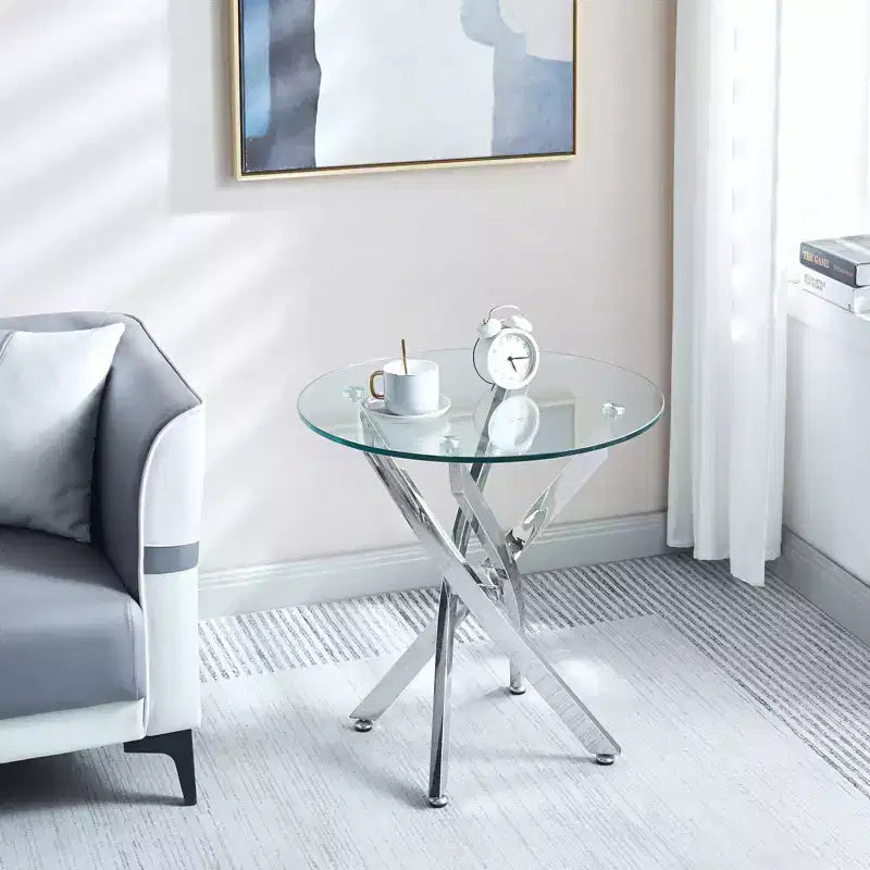 23.6 Inch Round Tempered Glass End Table - Chrome Legs, 4-Point Base, Modern Accent