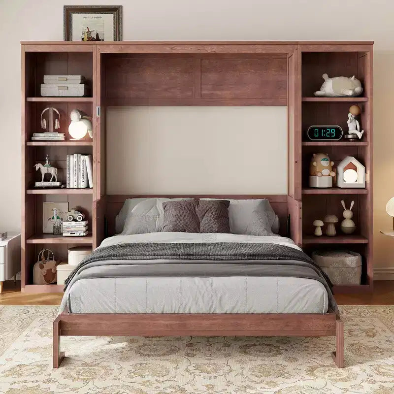 Full/Queen Size Murphy Bed - Space-Saving Wall Bed with Desk and Bookshelf, Dark Brown