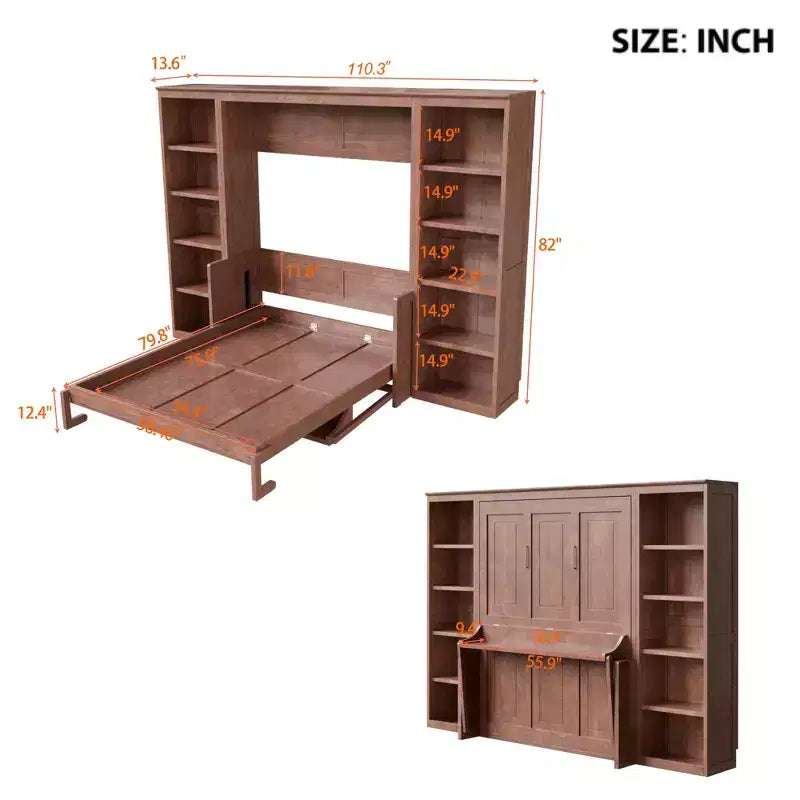 Full/Queen Size Murphy Bed - Space-Saving Wall Bed with Desk and Bookshelf, Dark Brown