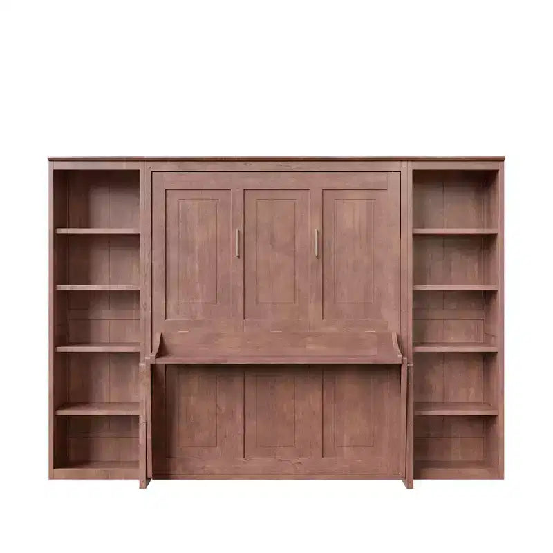 Full/Queen Size Murphy Bed - Space-Saving Wall Bed with Desk and Bookshelf, Dark Brown