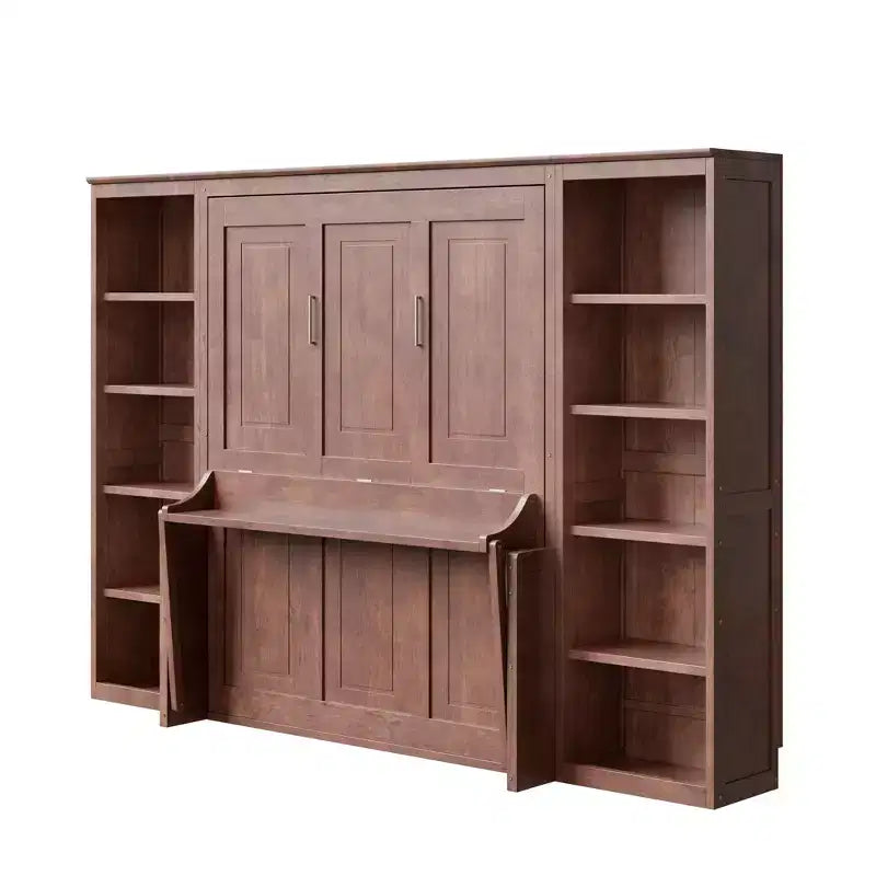 Full/Queen Size Murphy Bed - Space-Saving Wall Bed with Desk and Bookshelf, Dark Brown