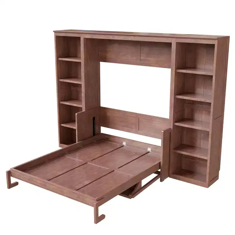 Full/Queen Size Murphy Bed - Space-Saving Wall Bed with Desk and Bookshelf, Dark Brown