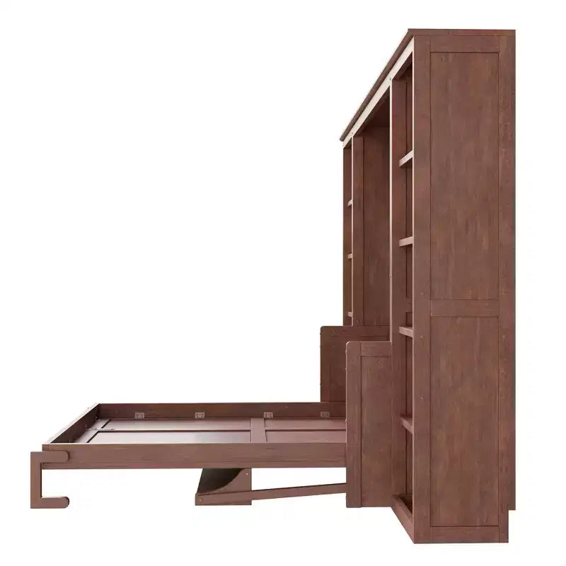 Full/Queen Size Murphy Bed - Space-Saving Wall Bed with Desk and Bookshelf, Dark Brown