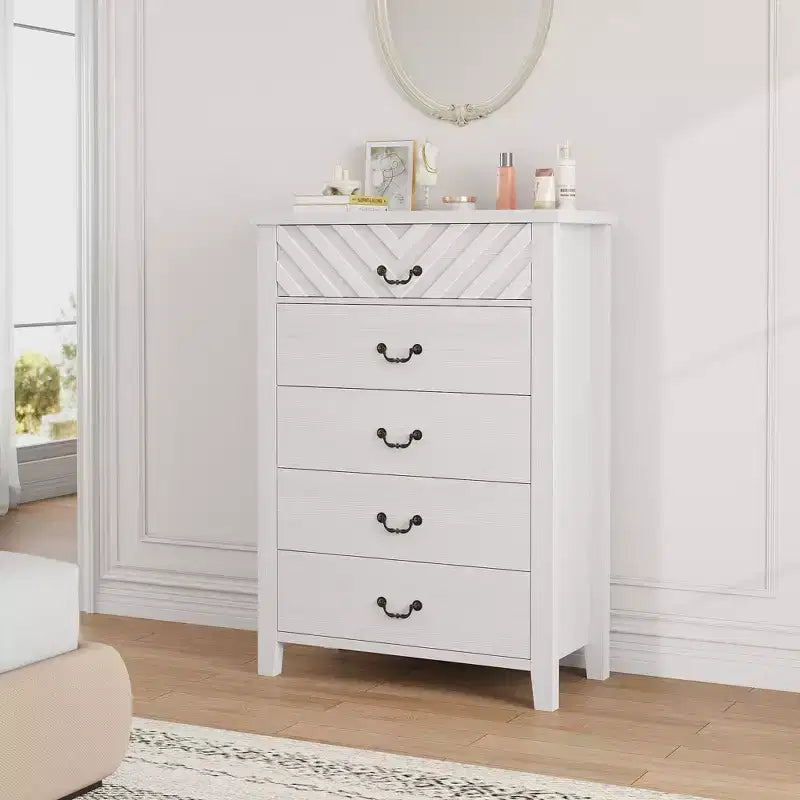 Farmhouse 5 Dresser for Bedroom, 45.2 in Tall Dresser, Vertical Drawer with Storage Freestanding, Wooden Closet Storage Chest for Bedroom
