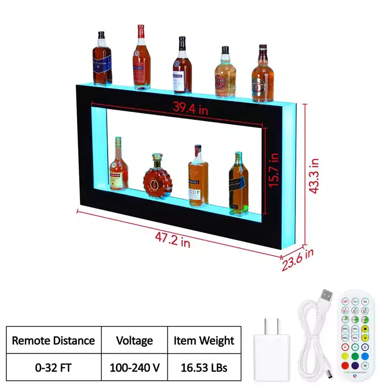 48 LED Lighted Liquor Bottle Display Shelf - 2-Step Bar Shelf with Remote & App Control, Black
