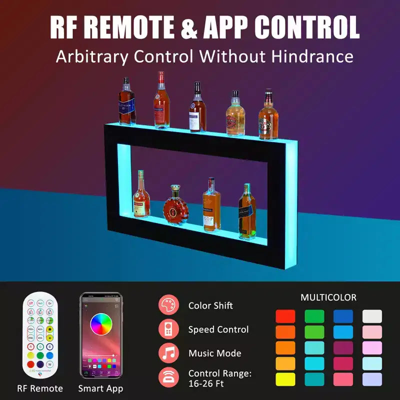48 LED Lighted Liquor Bottle Display Shelf - 2-Step Bar Shelf with Remote & App Control, Black