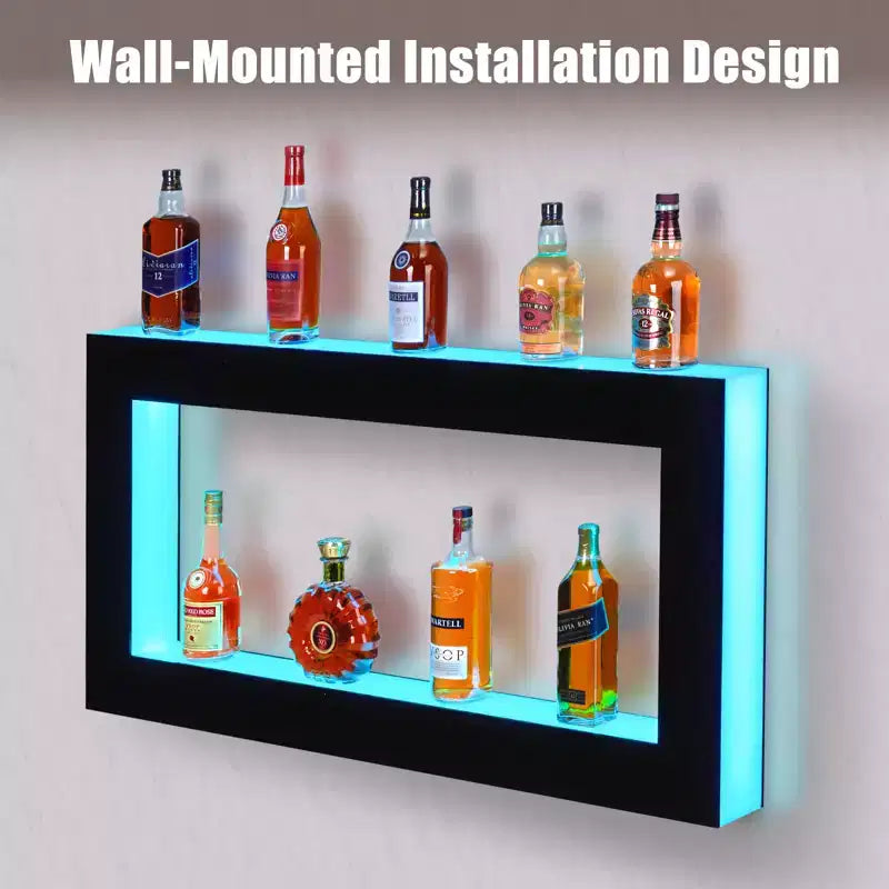 48 LED Lighted Liquor Bottle Display Shelf - 2-Step Bar Shelf with Remote & App Control, Black