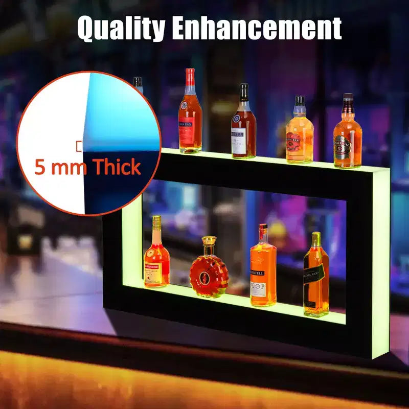 48 LED Lighted Liquor Bottle Display Shelf - 2-Step Bar Shelf with Remote & App Control, Black