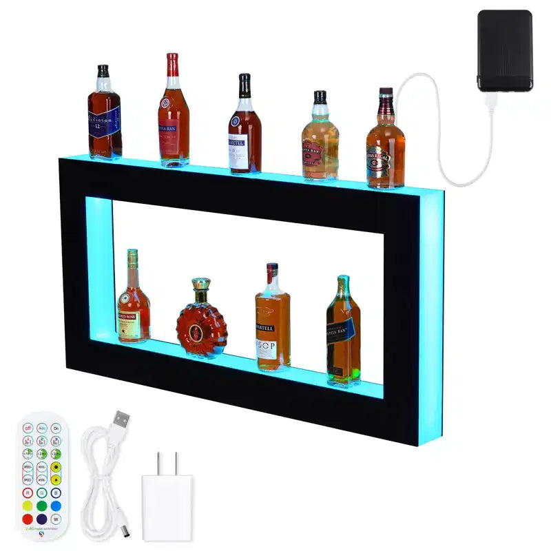 48 LED Lighted Liquor Bottle Display Shelf - 2-Step Bar Shelf with Remote & App Control, Black