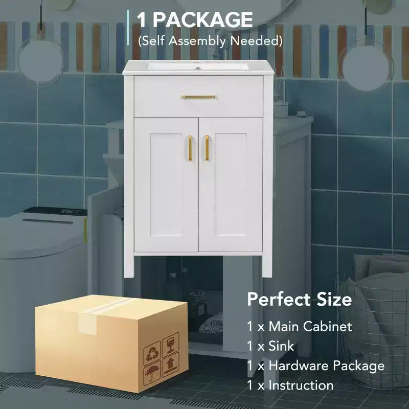 24 Inch Bathroom Vanity with Ceramic Sink, Tip-Out Drawer & Adjustable Shelf, Freestanding Bathroom Cabinet for Small Spaces